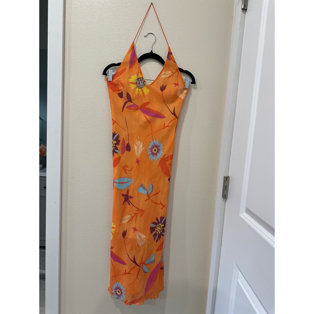 TRB By Tru Blu Orange Floral Halter Maxi Dress Lettuce Hem Tropical Y2K V-Neck